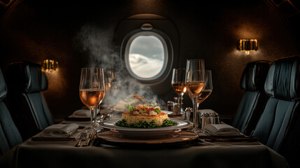 First-class dining experience with gourmet meal served on a table surrounded by fine wine and elegant presentation