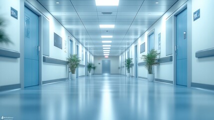 Fototapeta premium Modern Hospital Corridor Sterile Clean Blue Interior Medical Facility Healthcare Architecture