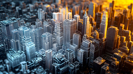 Abstract 3D Pixel Art Cityscape With Glowing Orange and Blue Lights At Night