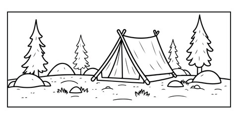 Mountain camping vector illustration with tent and sunset coloring page