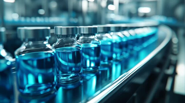 mRNA vaccine vials in production line conveyor belt injection drug