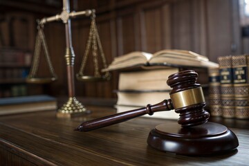Justice Scales and Gavel in Courtroom Setting