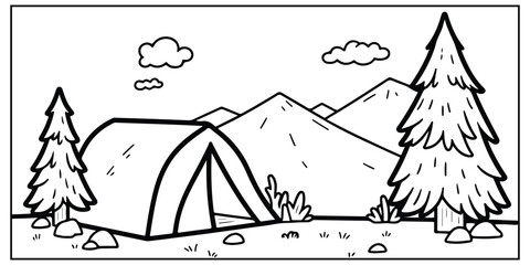 Camping adventures in nature with mountains beach and forest coloring page for kids