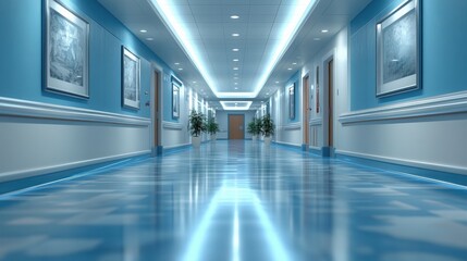 Obraz premium Serene Blue Hospital Corridor Interior Design Modern Healthcare Facility Clean and Bright