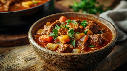 Fresh Hungarian Goulash Served in a Rustic Bowl with Vegetables and Herbs on a Wooden Table