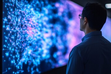 A high-tech AI research facility where engineers observe a powerful language model performing complex computations.
