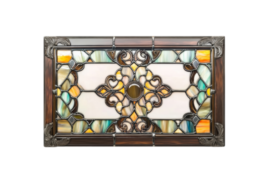 Intricately designed stained glass window featuring a floral-inspired pattern with colorful glass panels and a decorative wooden frame. Perfect for vintage or classic interiors.