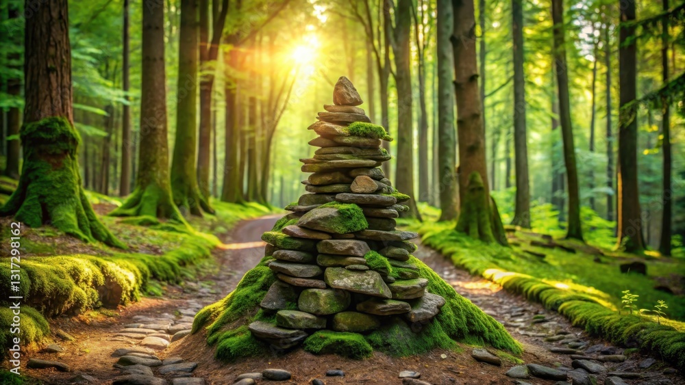 Poster a stone cairn nestled in a sun-dappled forest path, surrounded by lush green moss and towering trees