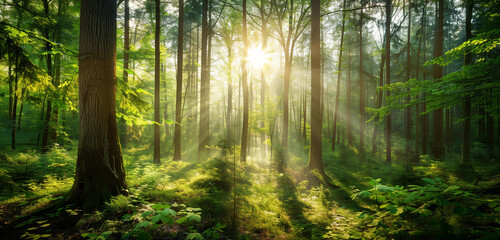 Fototapeta premium A lush green forest with sunlight gently filtering through the dense foliage of tall trees, creating a serene and natural ambiance.