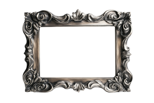Elegant antique silver picture frame with intricate baroque-style detailing, featuring floral and scroll motifs. Perfect for vintage decor and classic artwork.