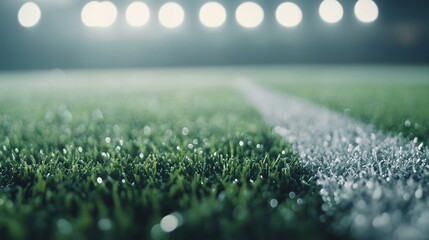 Naklejka premium Vibrant sports field at night, lush green grass under bright floodlights, ideal setting for exciting games and events.