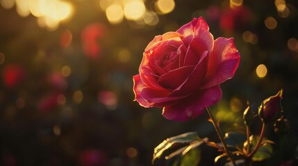 Fototapeta premium Beautiful Pink Rose Flower in Soft Golden Sunset Light Background