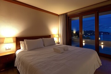Bedroom with a comfy bed, warm lighting, and a view of the nighttime cityscape