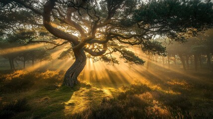 Fototapeta premium Majestic sunrise illuminating a gnarled tree in a misty forest.