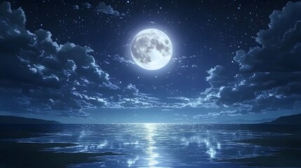 A beautiful full moon illuminates the night sky above water