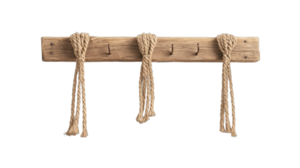 Wooden hook rack with decorative ropes. A handcrafted rustic wooden wall hanger featuring metal hooks and decorative rope loops. Ideal for farmhouse, bohemian, or nautical-themed decor.