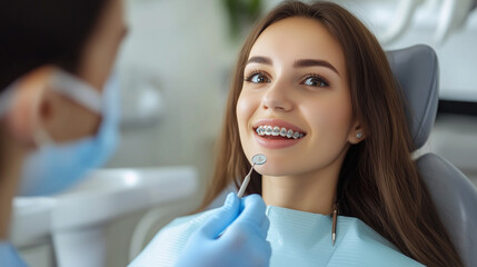 Fototapeta premium Young woman with braces during dental check-up at an orthodontist's office.