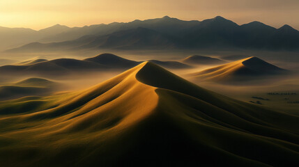 Majestic mountain range silhouetted against a breathtaking sunset with vibrant colors and soft morning fog over hills