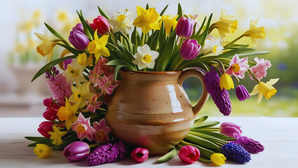 Colorful Spring Bouquet in Ceramic Vase 