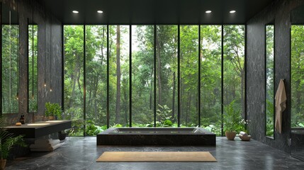 Modern bathroom with forest view