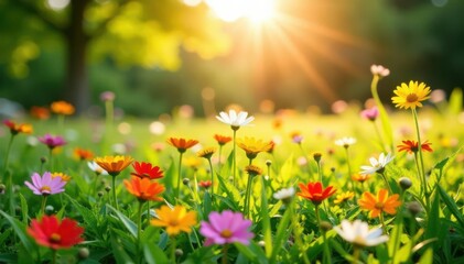 Fototapeta premium Sun-drenched meadow, vibrant wildflowers bloom , environment, ecosystem, idyllic