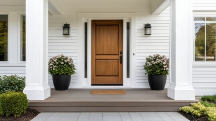 Elegant Entrance with Wooden Door and Flowering Plants on a Stylish Porch Surrounded by Greenery