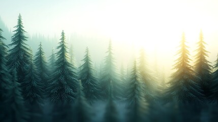 Fototapeta premium Serene Early Morning Light Illuminating a Mysterious Foggy Evergreen Forest Landscape