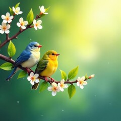 Fototapeta premium Three cheerful birds perched on blossoming branches, sunlight dappled leaves , art, artwork, flowers