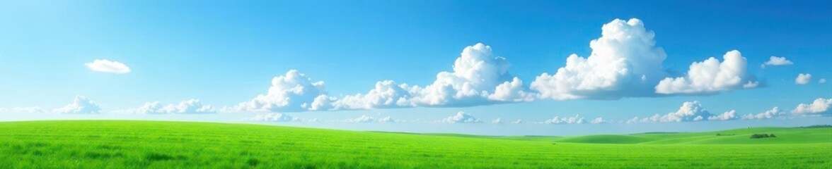 Vast blue sky, fluffy white clouds above green field, atmosphere, clouds, space