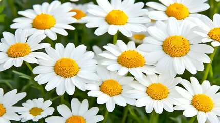Fototapeta premium Vibrant White Daisies Blooming in a Sunny Meadow with Yellow Centers and Green Foliage