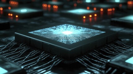 An IoT device management app shown on a sleek tablet, surrounded by softly glowing smart devices in a modern home.