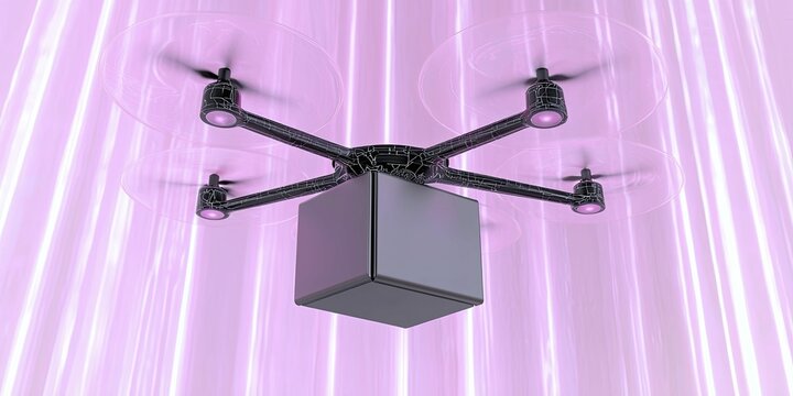 An urban delivery drone and a smart parcel box merged into a single design, showcasing efficiency in a vibrant city landscape.