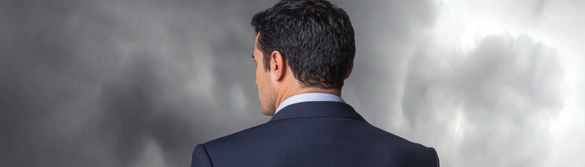 Professional businessman in formal suit looking towards a dramatic cloudy sky, contemplating future possibilities and challenges ahead on a moody day