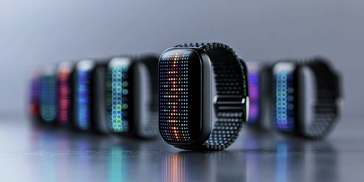 Wearable activity trackers lined up on a sleek surface, each displaying unique colors and designs in an orderly arrangement.