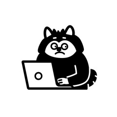 Cute cartoon character with cat features focused on laptop work in a minimalist design style