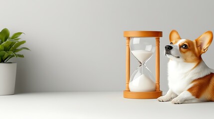 Thoughtful Dog with Hourglass and Potted Plant on Minimalist Table