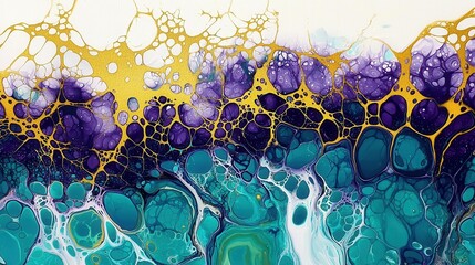 Vibrant Abstract Art with Purple, Gold, and Turquoise Fluid Patterns
