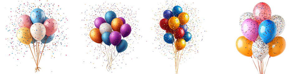 Colorful balloons with confetti on festive background on transparent background