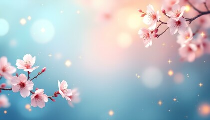 Fototapeta premium Soft-focus pastel gradient background with subtle golden sparkles, delicate cherry blossoms in the corners, and a large empty space in the center, perfect for elegant text or seasonal greetings. 