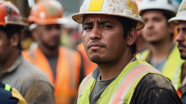 Construction workers in safety gear listen attentively during a team meeting at an outdoor construction site early in the morning