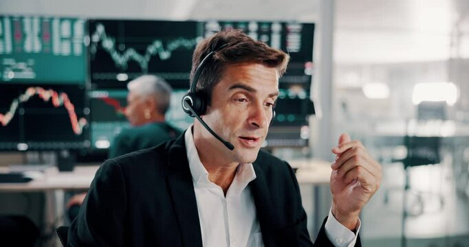 Stock trading, man and talking with headset in office for customer support, investment advice and FAQ. Call center, client query and broker with market insight, financial news or portfolio management