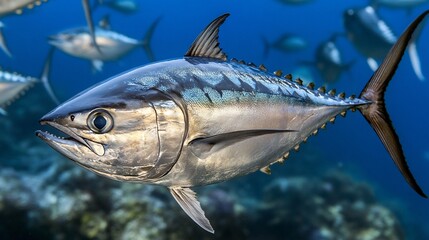 Fototapeta premium Tuna swimming ocean reef school background