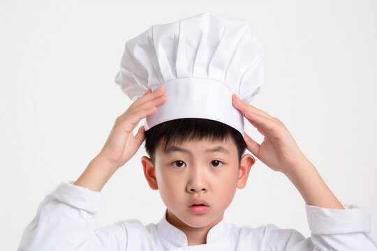 Nervous teenage Vietnamese boy adjusts chef hat in preparation for culinary adventures