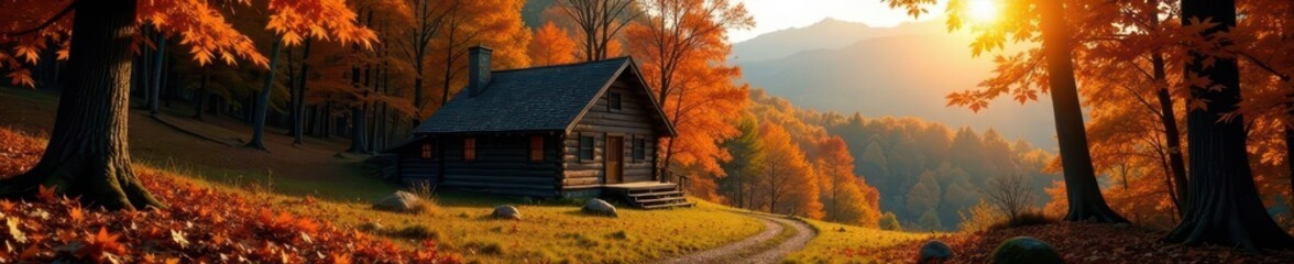 Fototapeta premium Rustic cabin nestled in vibrant autumn woods Sun-drenched foliage, crisp air , country, home, background