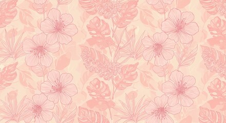 Tropical Flowers and Leaves Line Art Seamless Pattern