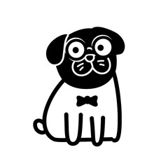 Naklejka premium Charming pug with large glasses sits adorably, showcasing its playful personality and stylish bow tie in a delightful vector design