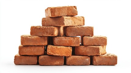 Obraz premium A small pile of brown bricks is arranged in a pyramid shape against a white background. The bricks are rough textured and appear to be made of a porous material.