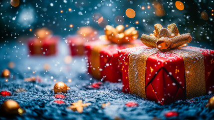 Light winter background, on which bright gifts in red and lilac packaging, golden confetti, flashes of light are flying. Festive mood