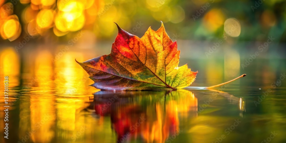 Aufkleber a single autumn leaf floats serene on a calm water surface reflecting the colors of the season