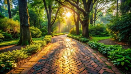 Naklejka premium A winding brick pathway through a lush, green forest bathed in the golden glow of the rising sun, creating a sense of serenity and adventure.